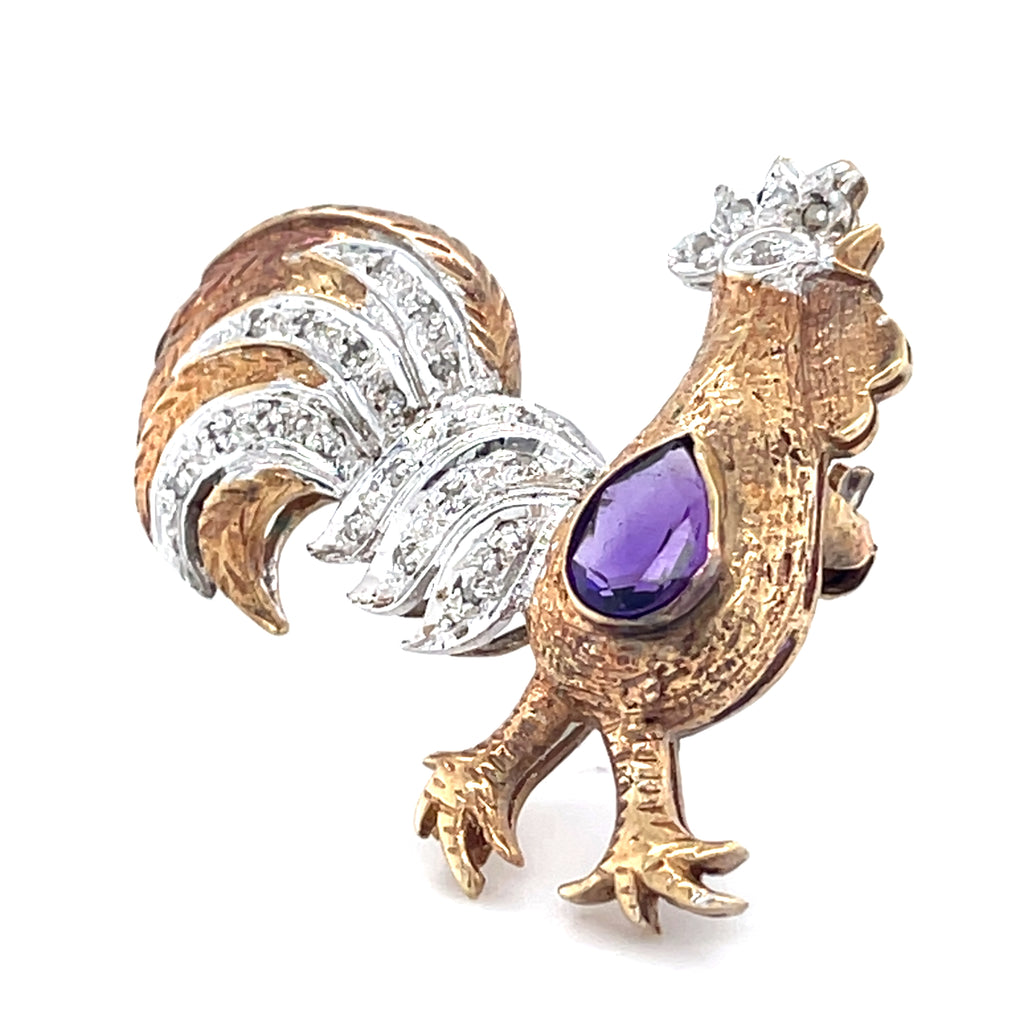 10k Two Tone Gold Petite Rooster Brooch w/ 0.35 ct Pear Amethyst & Accent Dia