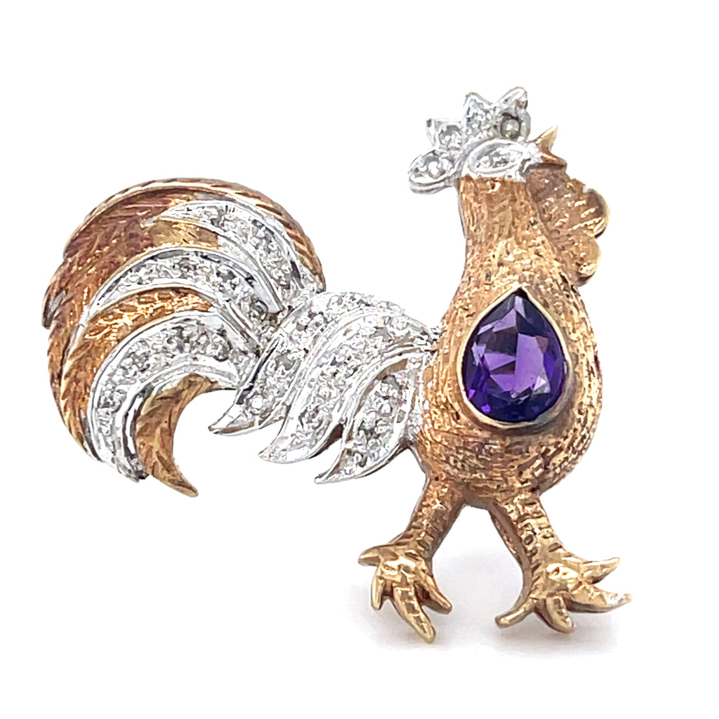 10k Two Tone Gold Petite Rooster Brooch w/ 0.35 ct Pear Amethyst & Accent Dia