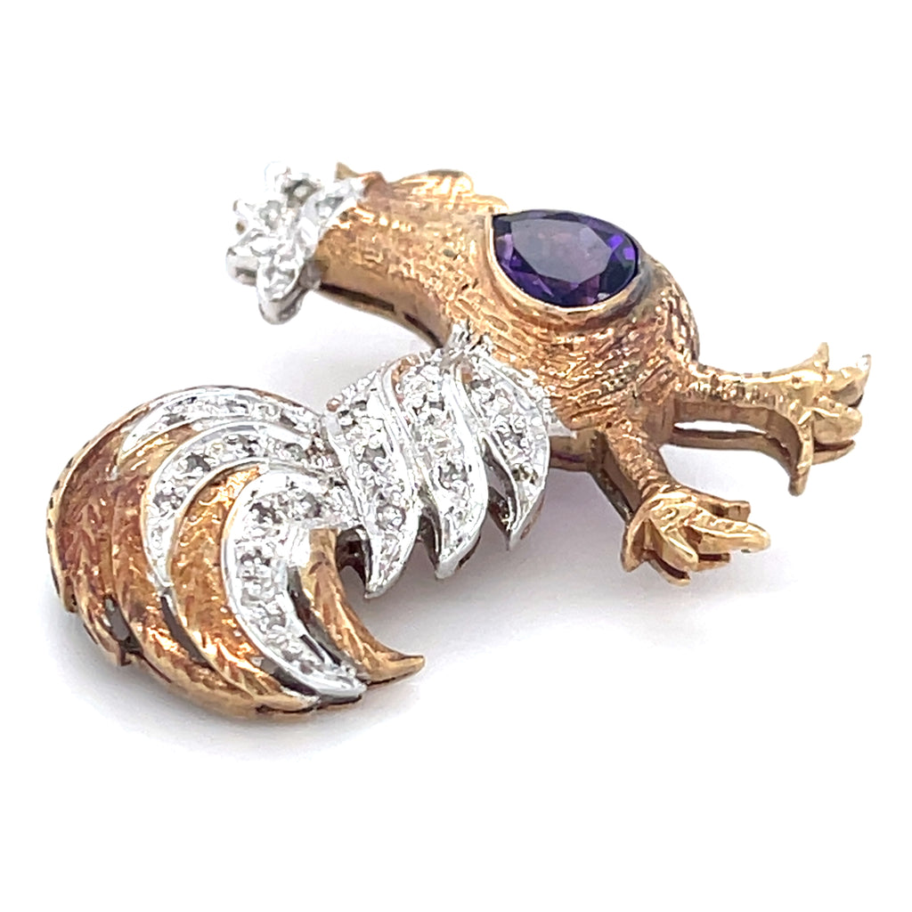 10k Two Tone Gold Petite Rooster Brooch w/ 0.35 ct Pear Amethyst & Accent Dia