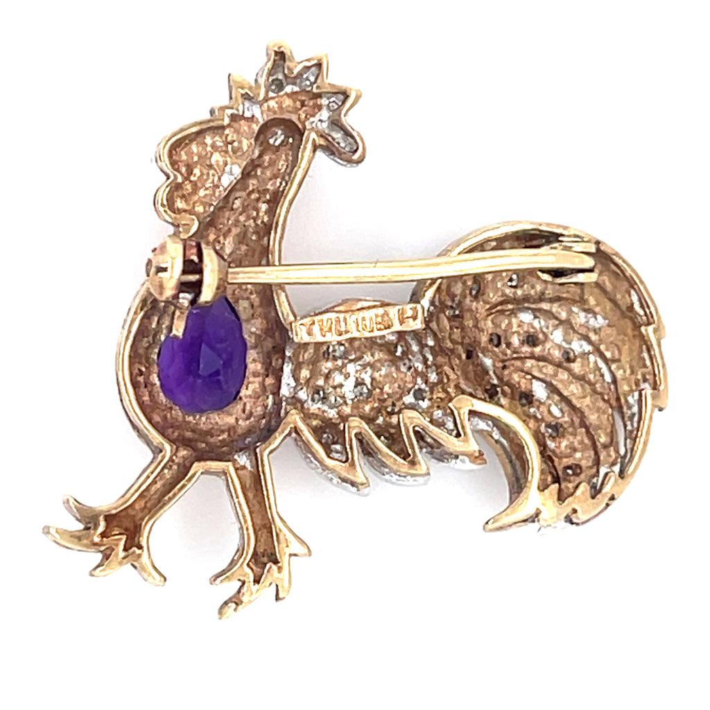 10k Two Tone Gold Petite Rooster Brooch w/ 0.35 ct Pear Amethyst & Accent Dia