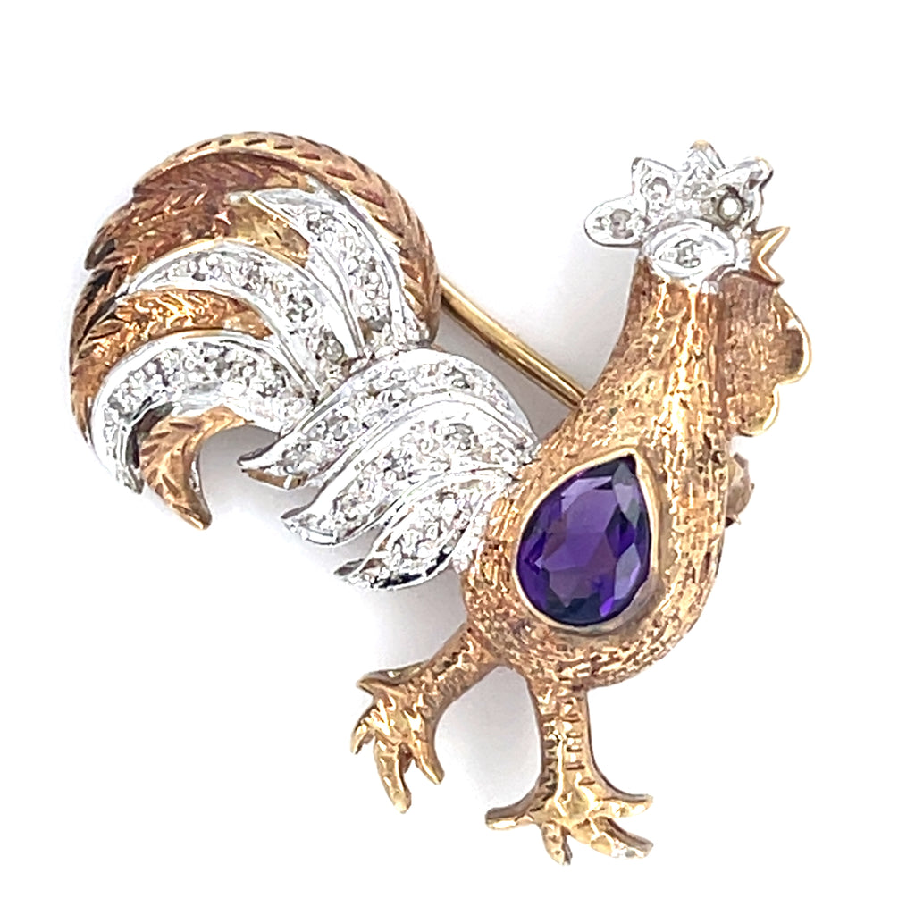 10k Two Tone Gold Petite Rooster Brooch w/ 0.35 ct Pear Amethyst & Accent Dia