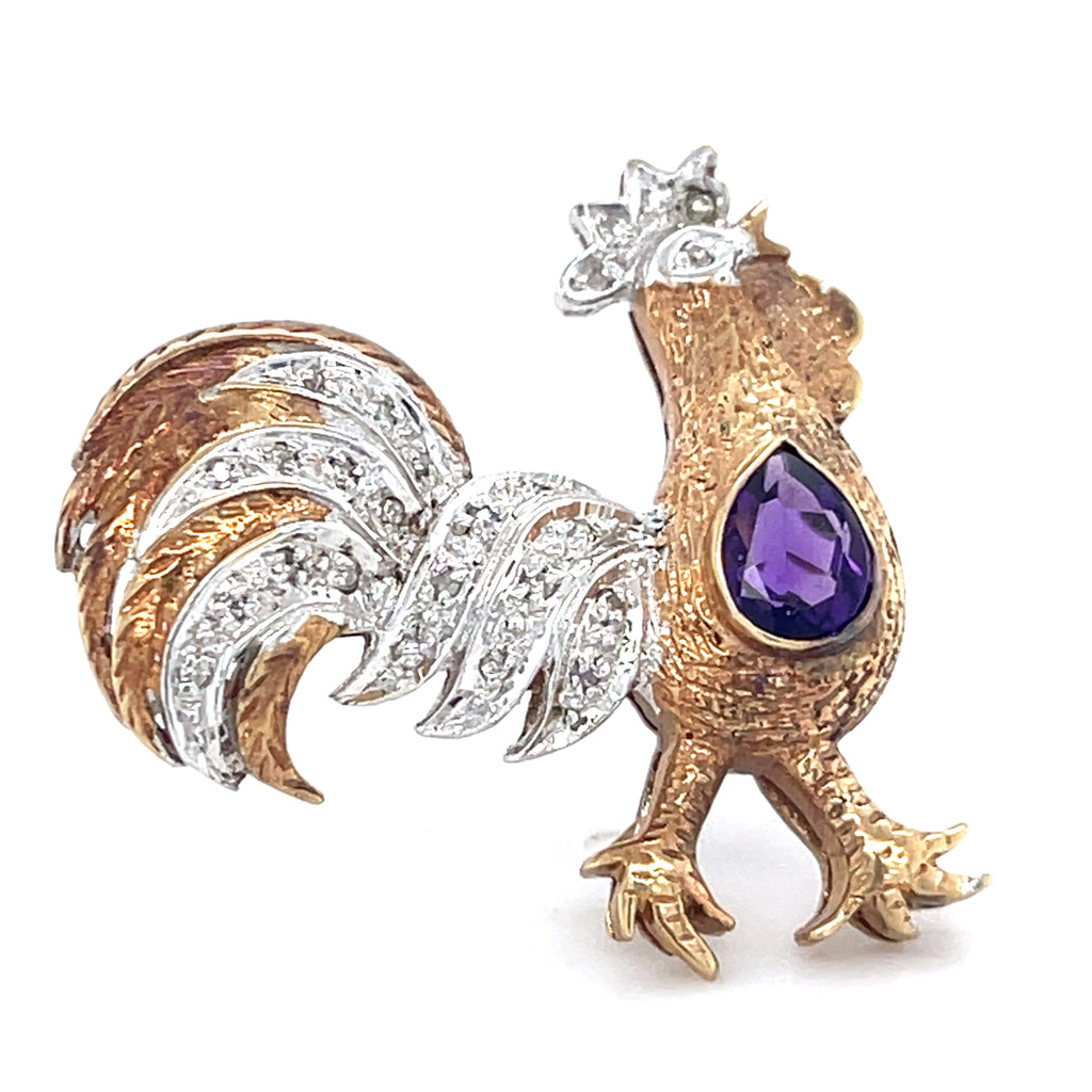 10k Two Tone Gold Petite Rooster Brooch w/ 0.35 ct Pear Amethyst & Accent Dia