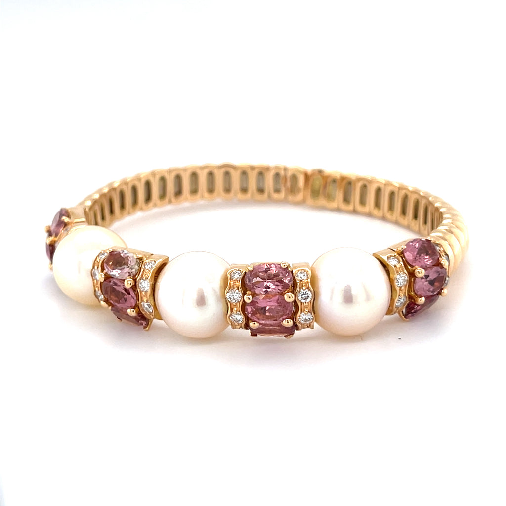 18k Rose Gold South Sea Cultured Pearl Cuff Bracelet with 5.30ct Pink Tourmaline