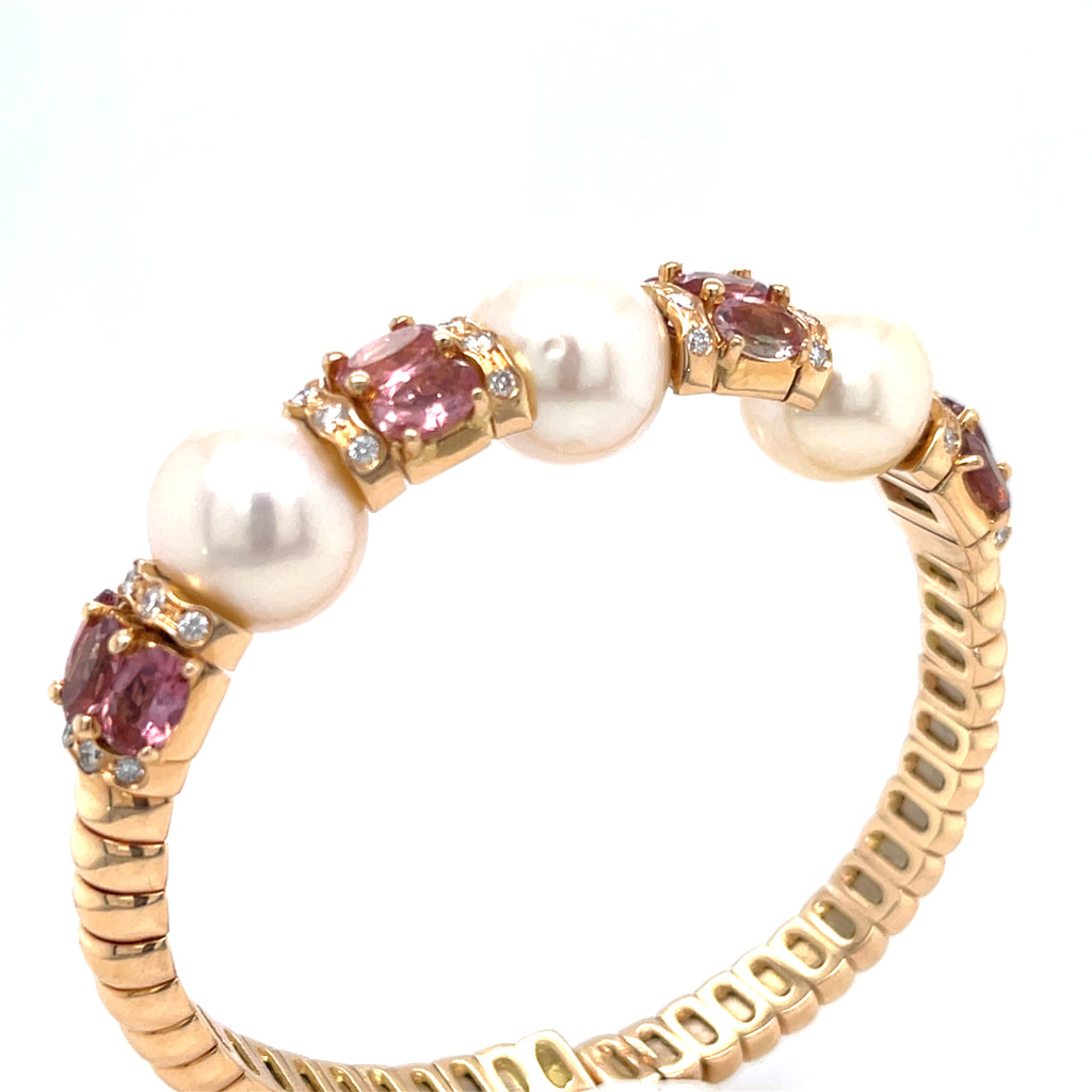 18k Rose Gold South Sea Cultured Pearl Cuff Bracelet with 5.30ct Pink Tourmaline