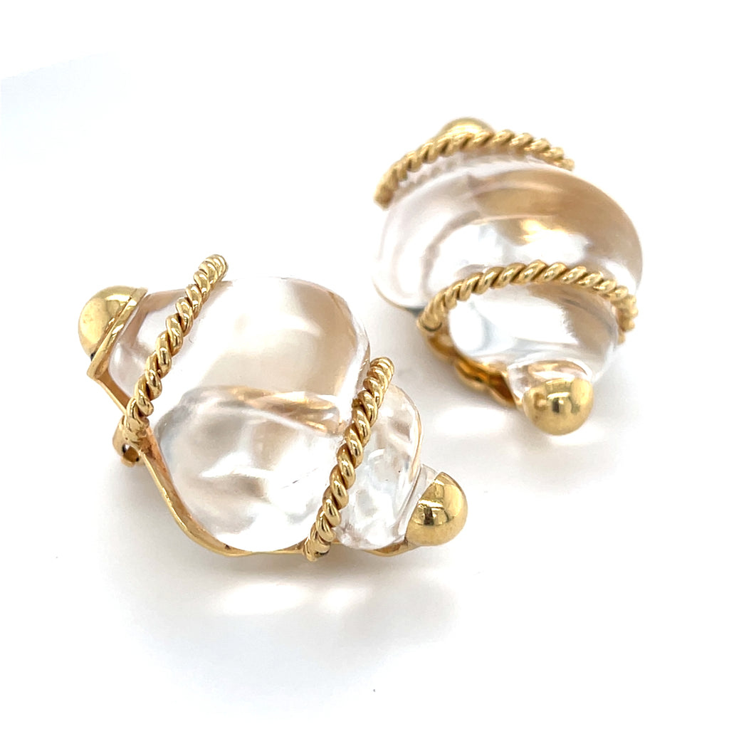 Seaman Schepps 14k Yellow Gold Rock Crystal Shell Clip-On Earrings