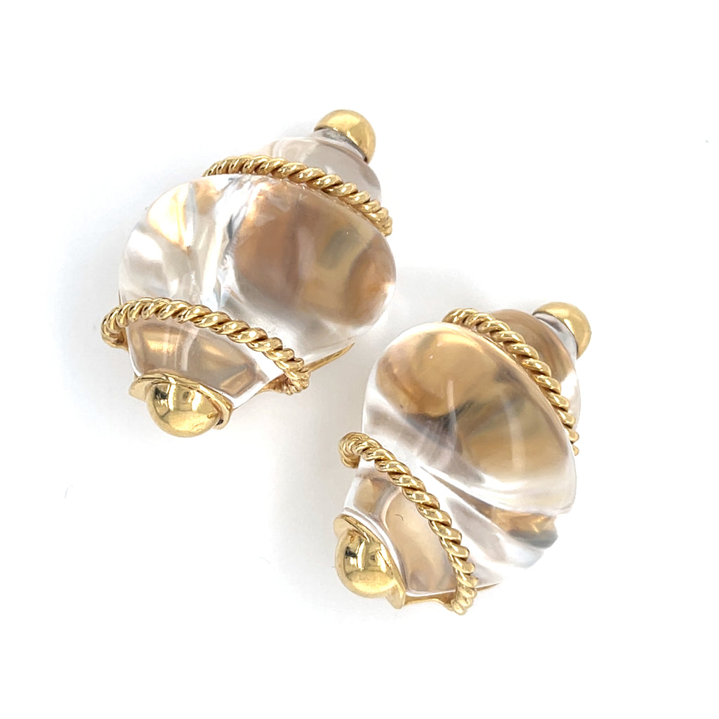 Seaman Schepps 14k Yellow Gold Rock Crystal Shell Clip-On Earrings