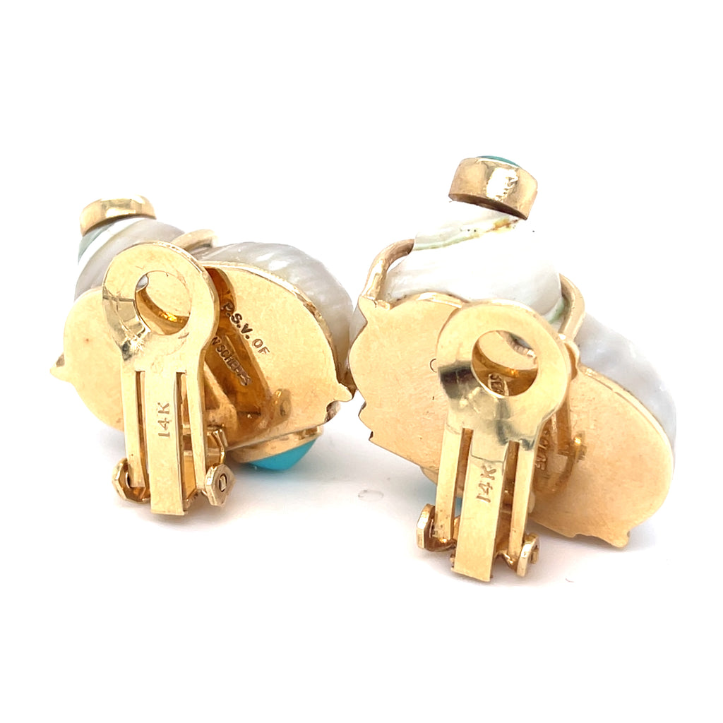 Seaman Schepps 14k Yellow Gold Turbo Shell Ear Clips Turquoise Cabochons