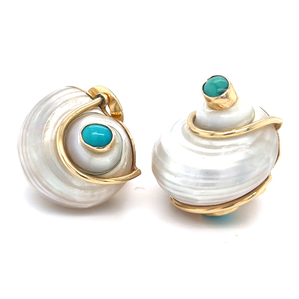 Seaman Schepps 14k Yellow Gold Turbo Shell Ear Clips Turquoise Cabochons