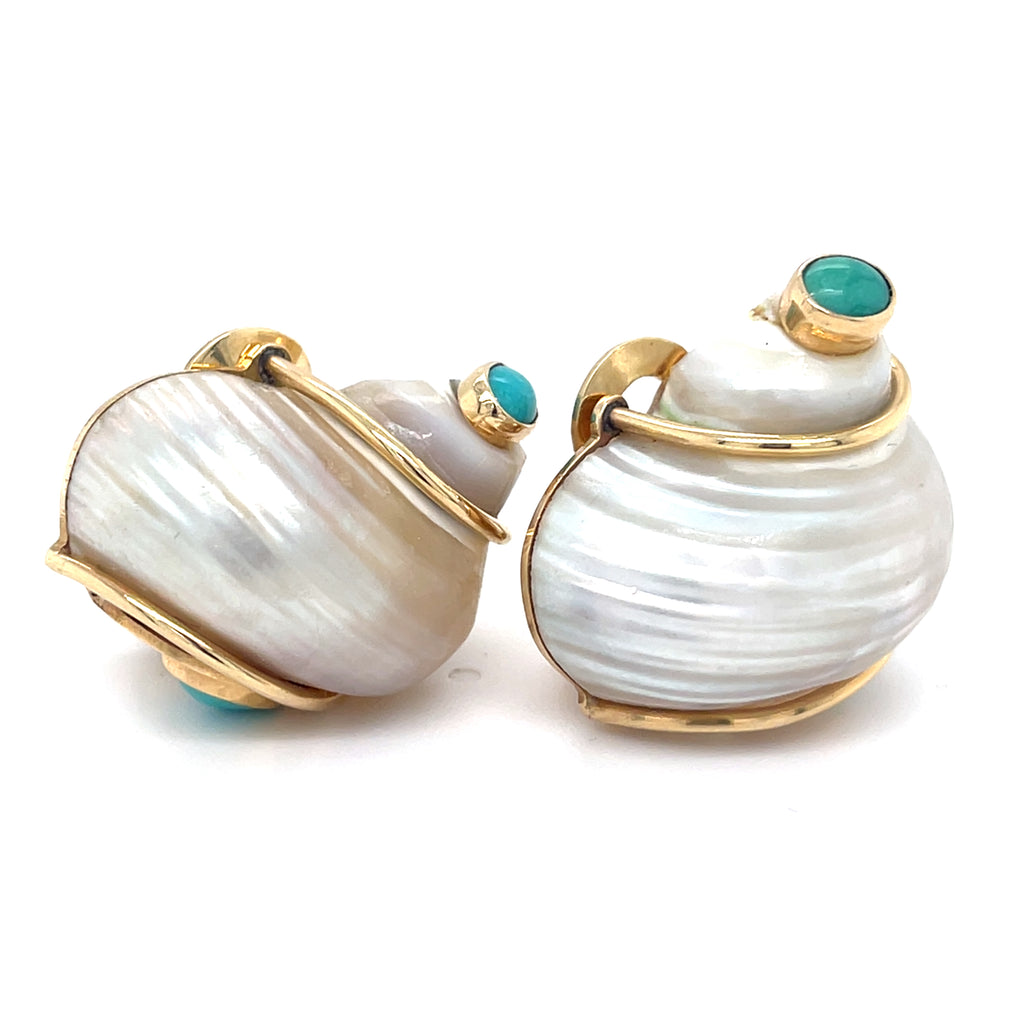 Seaman Schepps 14k Yellow Gold Turbo Shell Ear Clips Turquoise Cabochons