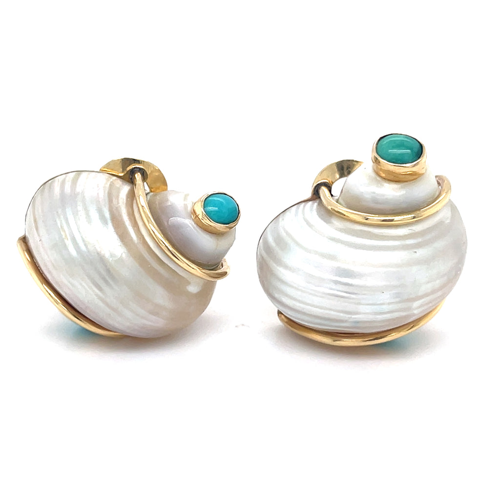 Seaman Schepps 14k Yellow Gold Turbo Shell Ear Clips Turquoise Cabochons