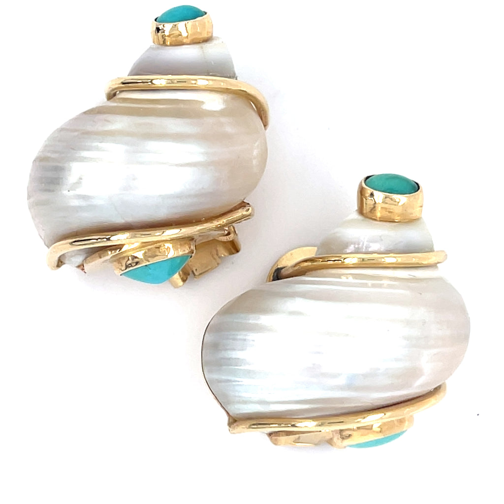 Seaman Schepps 14k Yellow Gold Turbo Shell Ear Clips Turquoise Cabochons