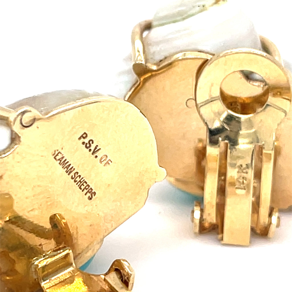 Seaman Schepps 14k Yellow Gold Turbo Shell Ear Clips Turquoise Cabochons