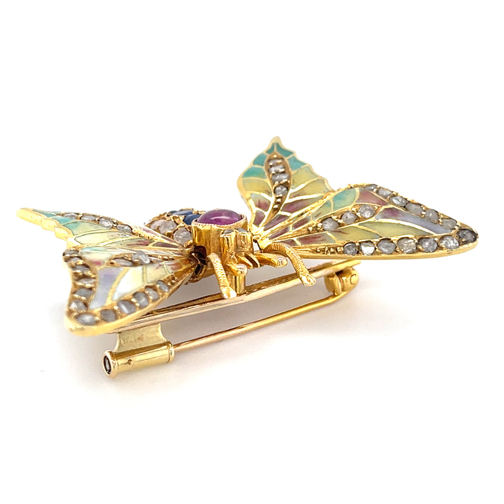 14k Yellow Gold Gemstone Enamel Plique-A-Jour En Tremblant Moth Brooch