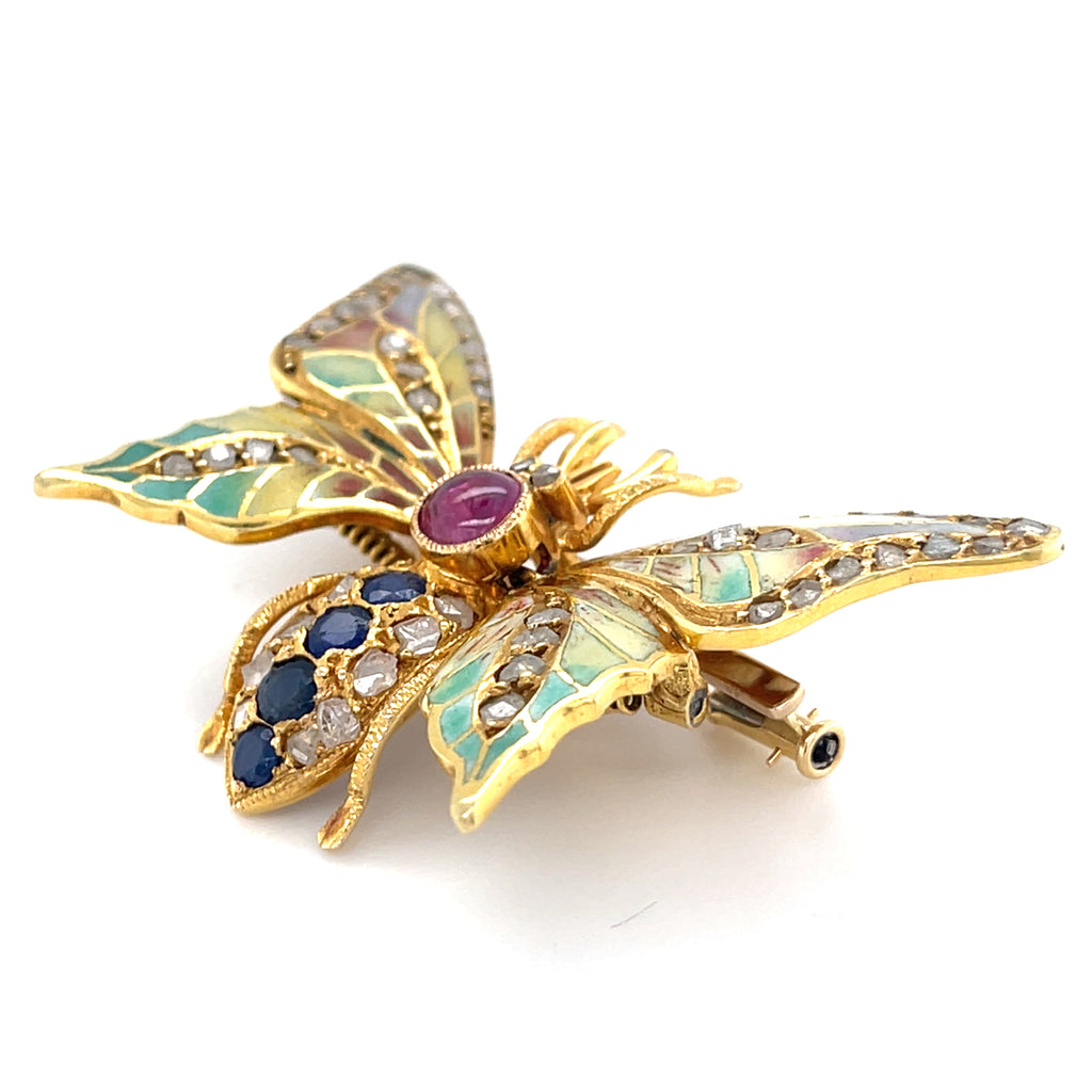 14k Yellow Gold Gemstone Enamel Plique-A-Jour En Tremblant Moth Brooch