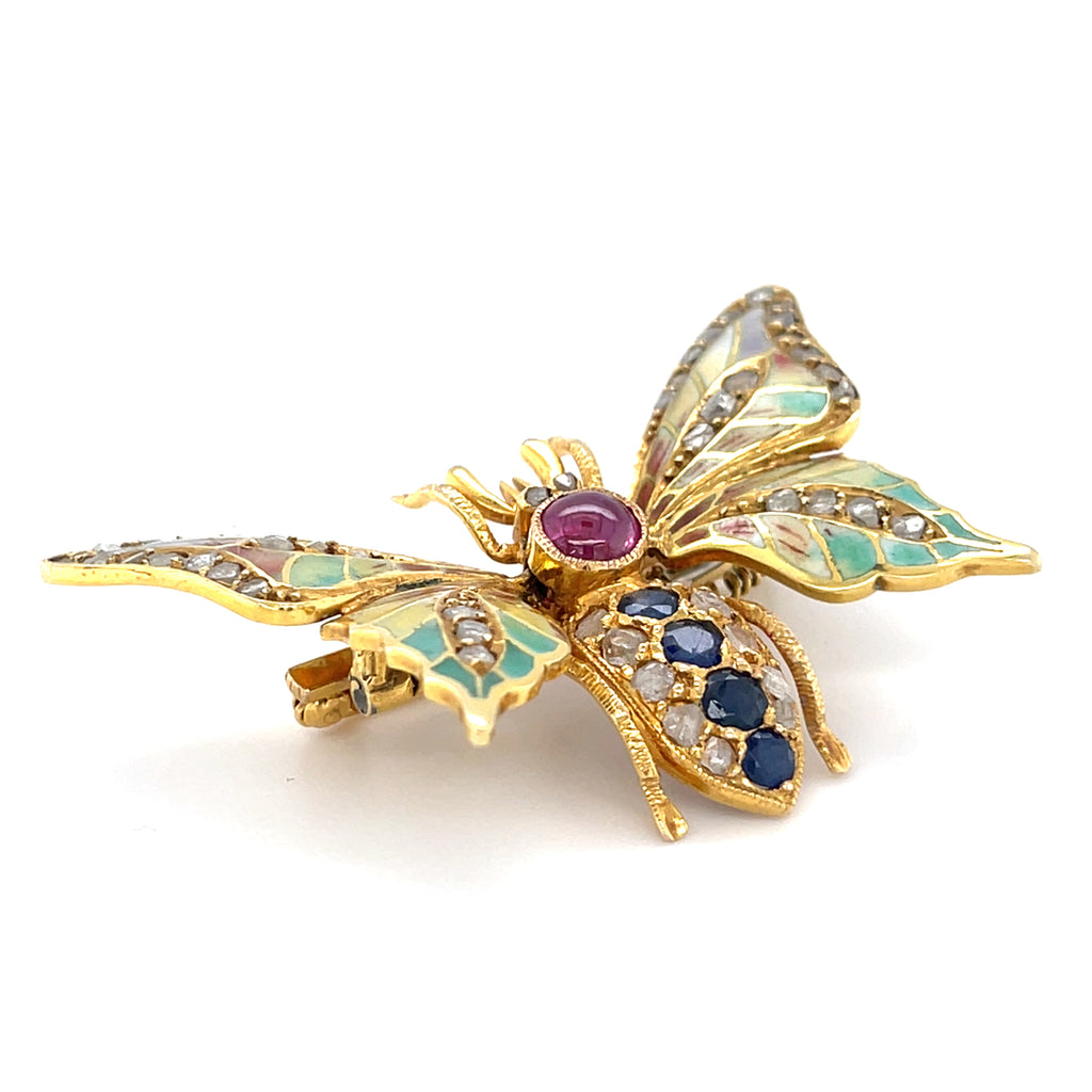 14k Yellow Gold Gemstone Enamel Plique-A-Jour En Tremblant Moth Brooch