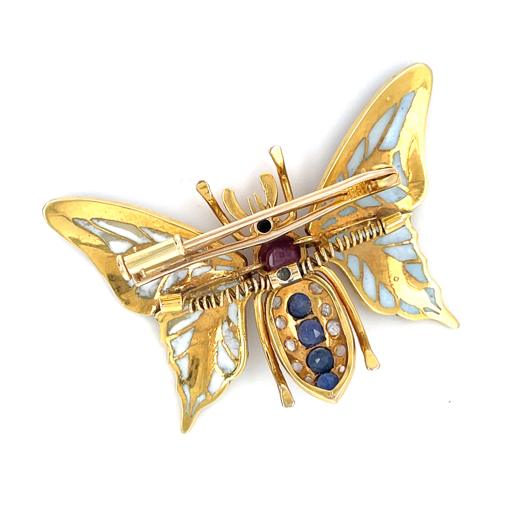 14k Yellow Gold Gemstone Enamel Plique-A-Jour En Tremblant Moth Brooch