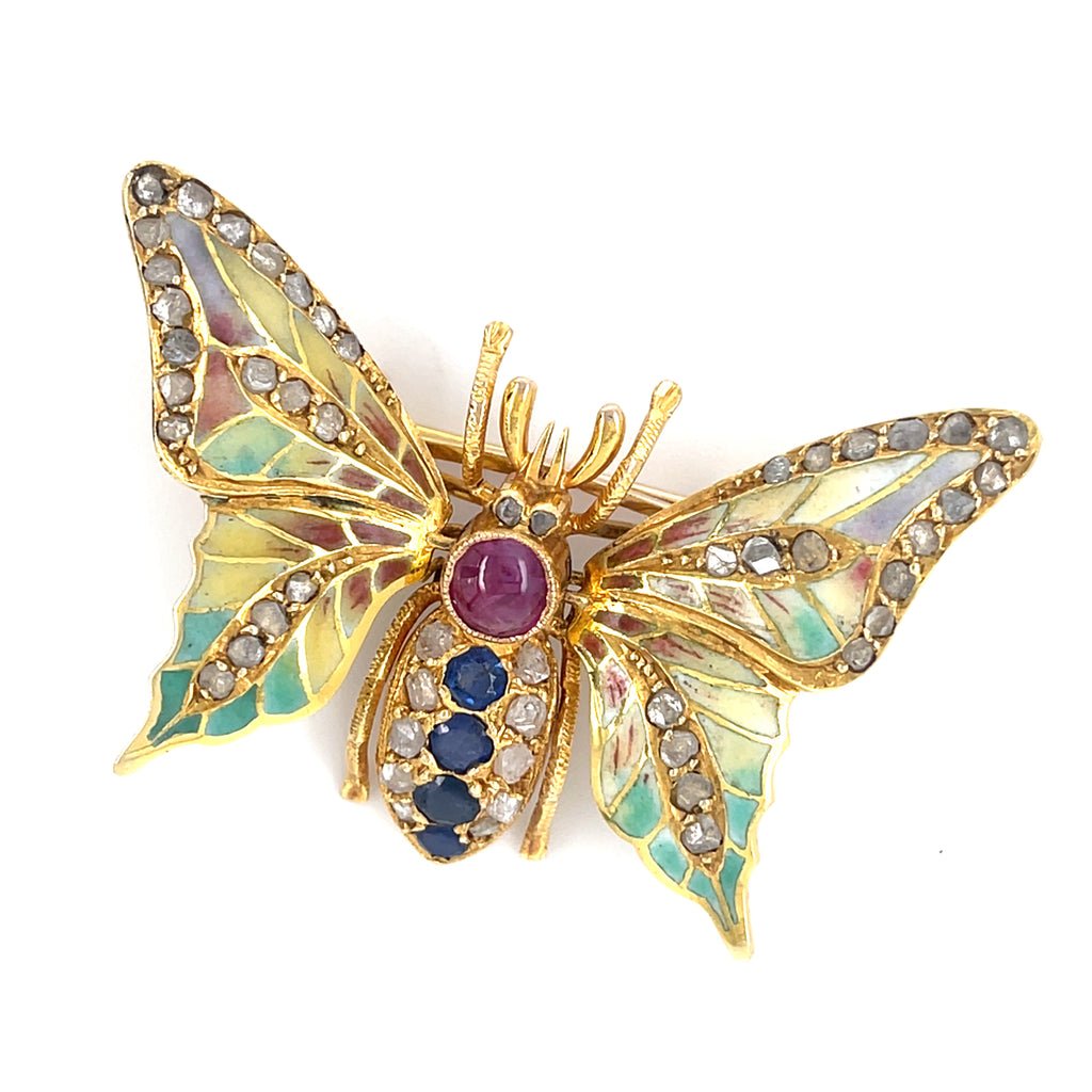 14k Yellow Gold Gemstone Enamel Plique-A-Jour En Tremblant Moth Brooch