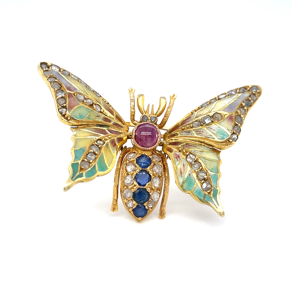 14k Yellow Gold Gemstone Enamel Plique-A-Jour En Tremblant Moth Brooch