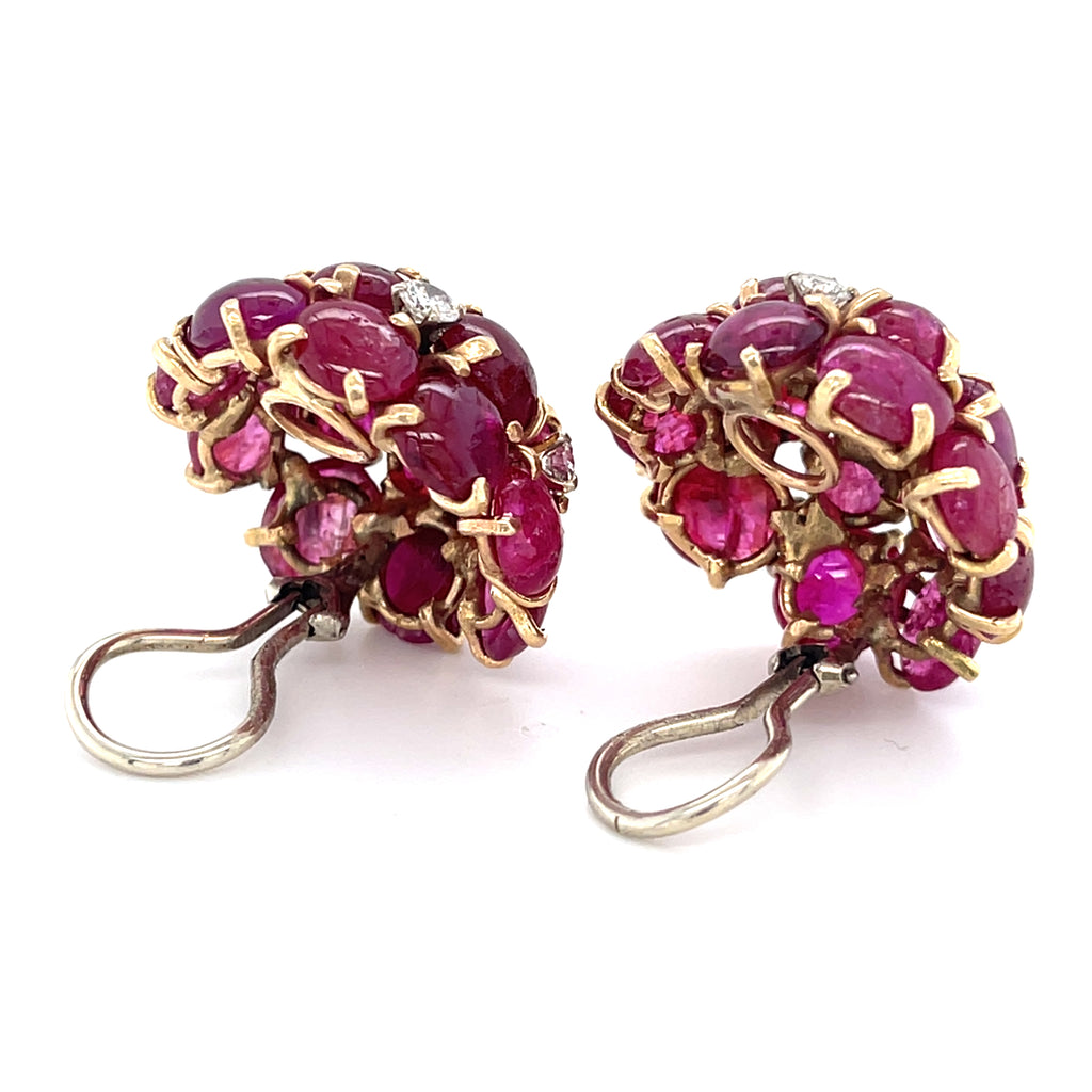 14k Yellow Gold 25.9 ct Ruby Cabochon Cluster Clip-On Earrings 0.80 ct Diamond
