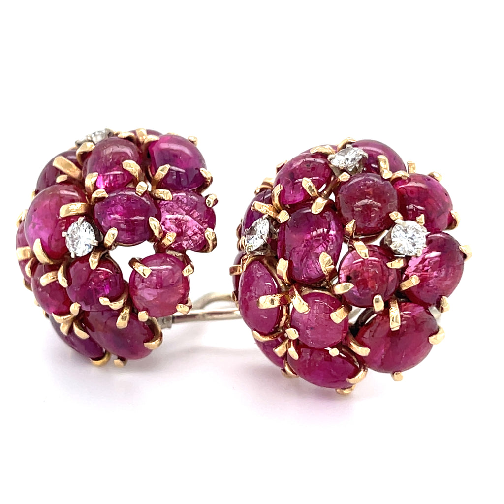 14k Yellow Gold 25.9 ct Ruby Cabochon Cluster Clip-On Earrings 0.80 ct Diamond