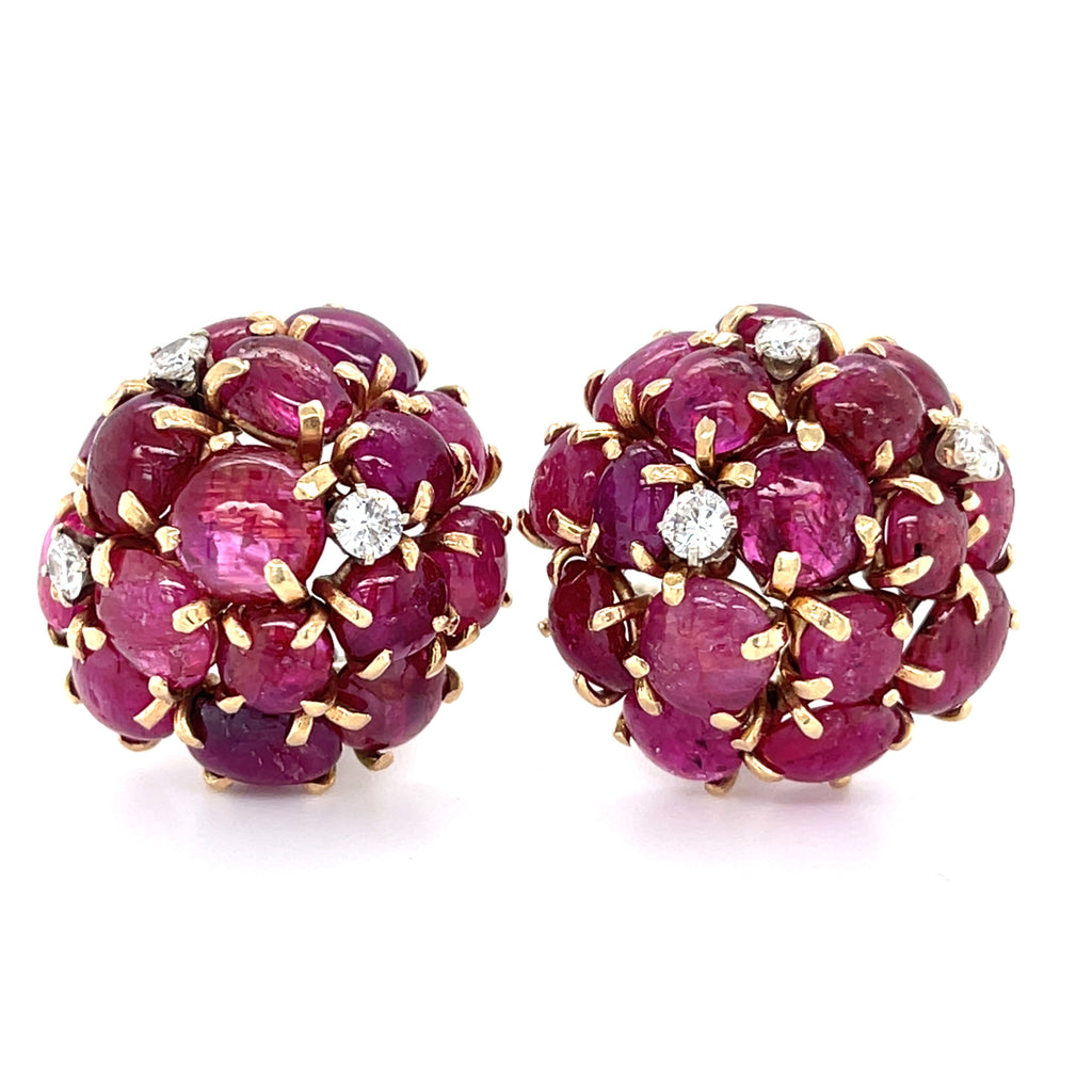 14k Yellow Gold 25.9 ct Ruby Cabochon Cluster Clip-On Earrings 0.80 ct Diamond