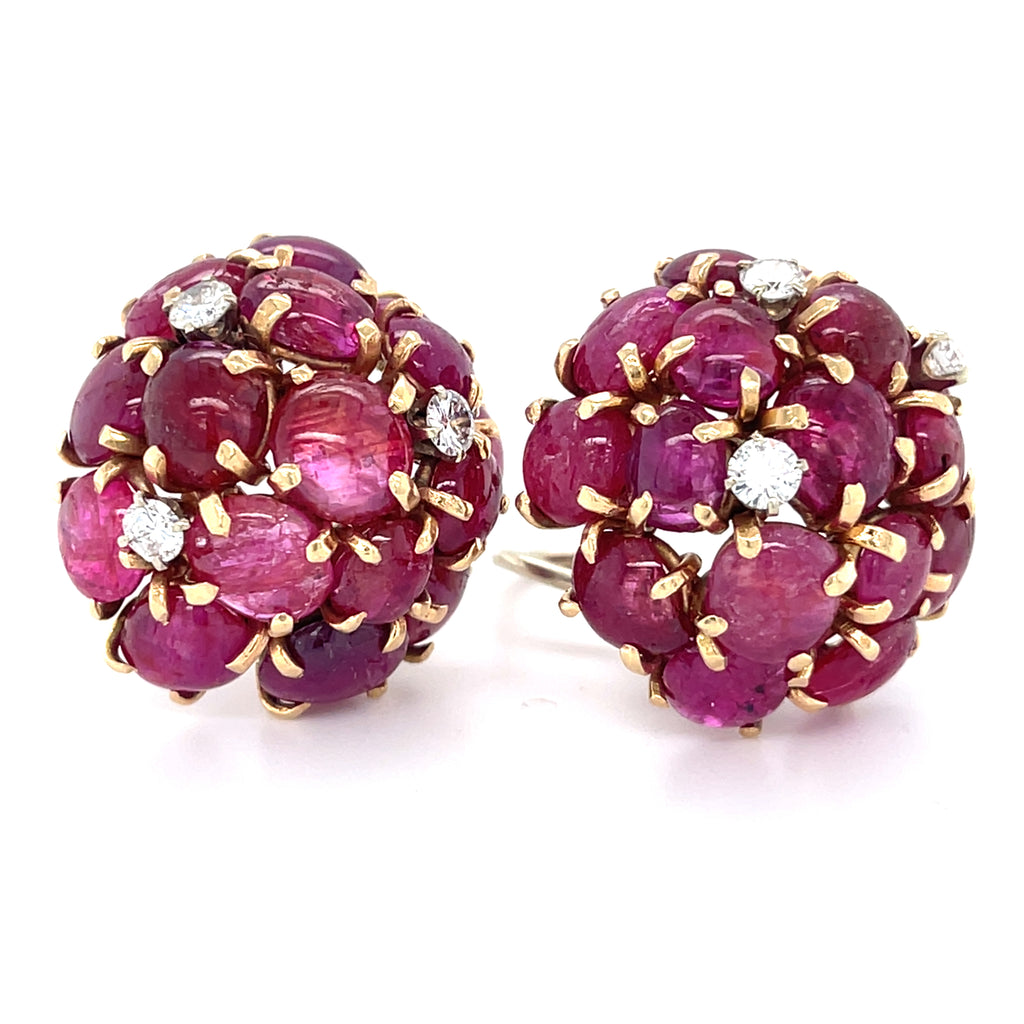 14k Yellow Gold 25.9 ct Ruby Cabochon Cluster Clip-On Earrings 0.80 ct Diamond