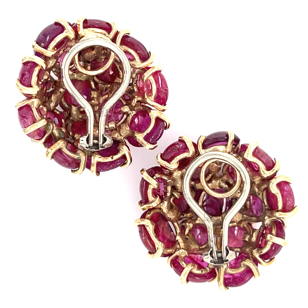 14k Yellow Gold 25.9 ct Ruby Cabochon Cluster Clip-On Earrings 0.80 ct Diamond