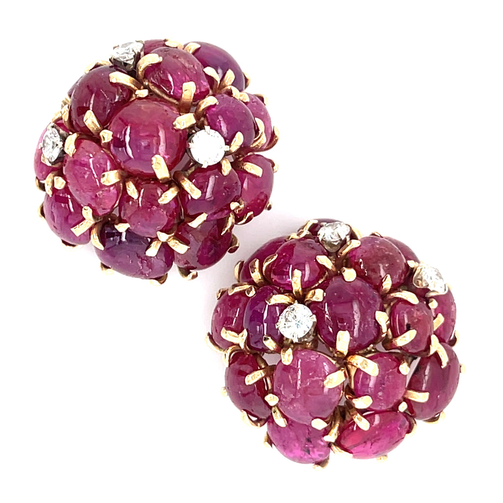 14k Yellow Gold 25.9 ct Ruby Cabochon Cluster Clip-On Earrings 0.80 ct Diamond