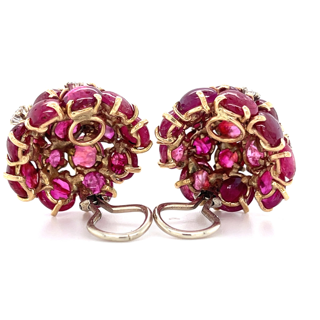 14k Yellow Gold 25.9 ct Ruby Cabochon Cluster Clip-On Earrings 0.80 ct Diamond