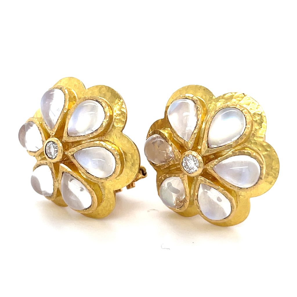 Elizabeth Locke 19k Gold Moonstone Daisy Earrings 0.20 ct Diamond Accents