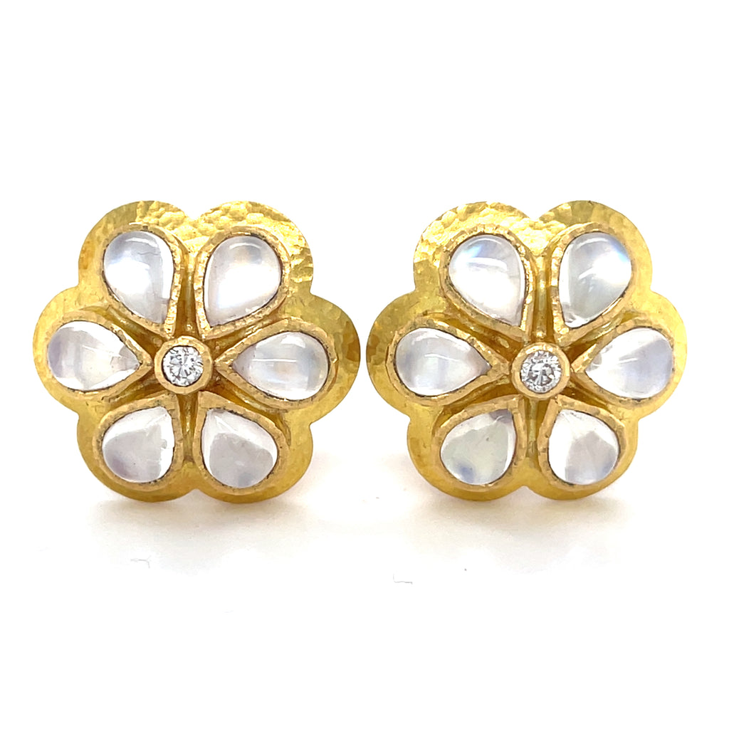 Elizabeth Locke 19k Gold Moonstone Daisy Earrings 0.20 ct Diamond Accents