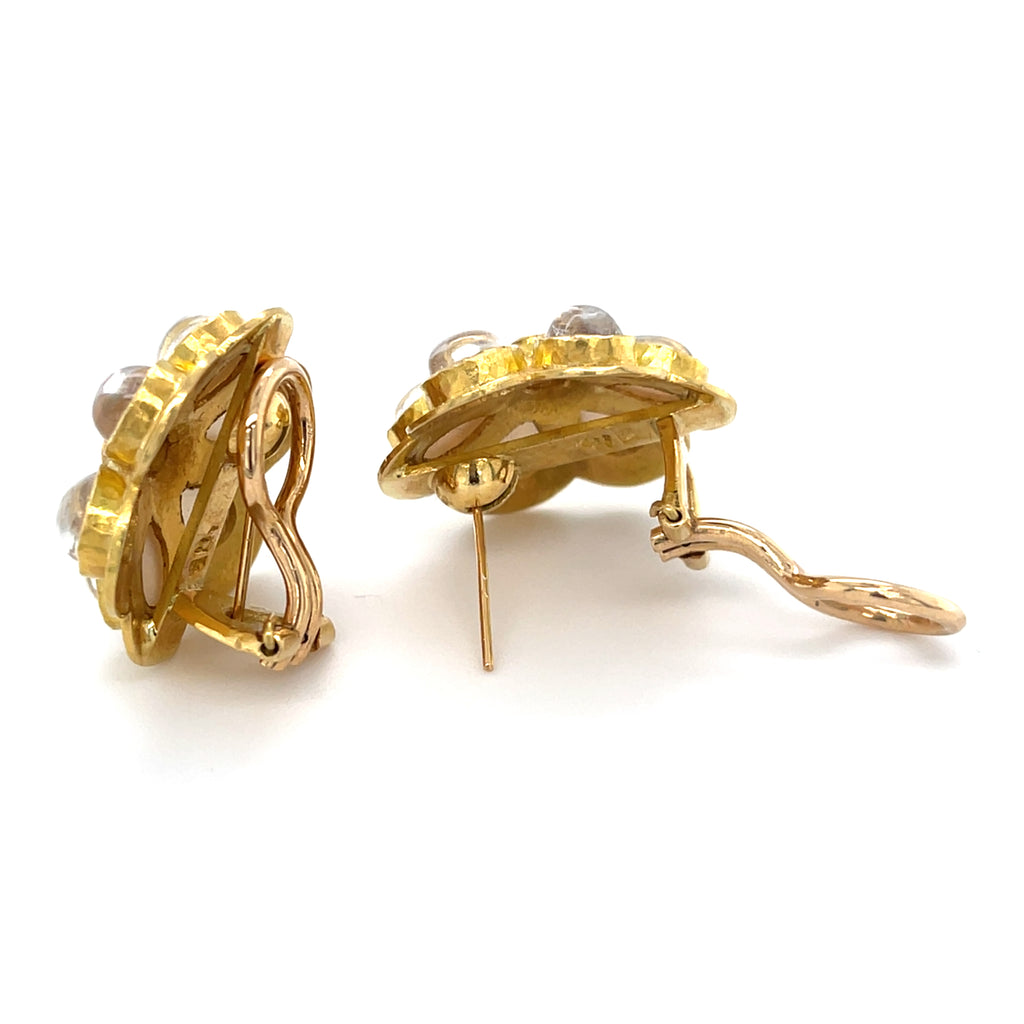 Elizabeth Locke 19k Gold Moonstone Daisy Earrings 0.20 ct Diamond Accents