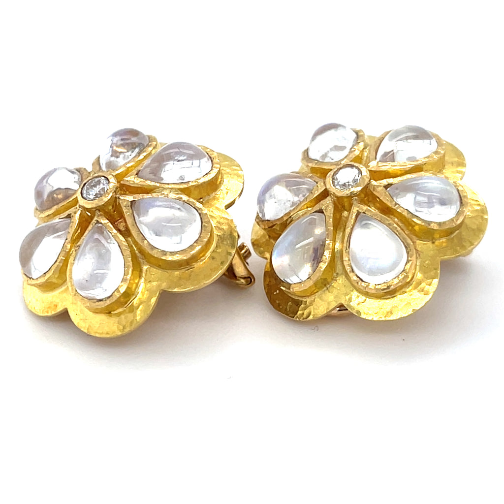 Elizabeth Locke 19k Gold Moonstone Daisy Earrings 0.20 ct Diamond Accents