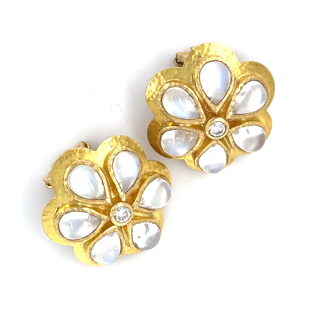Elizabeth Locke 19k Gold Moonstone Daisy Earrings 0.20 ct Diamond Accents