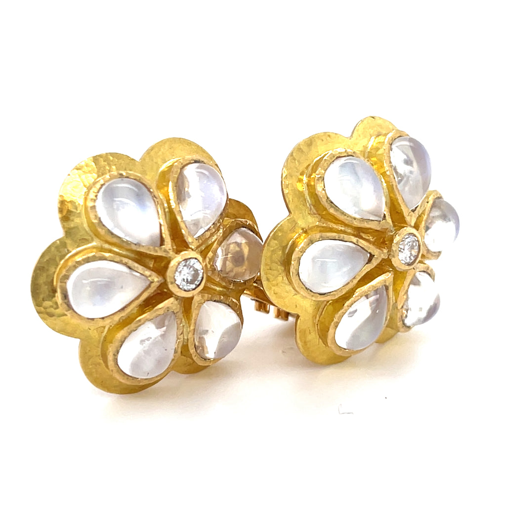 Elizabeth Locke 19k Gold Moonstone Daisy Earrings 0.20 ct Diamond Accents