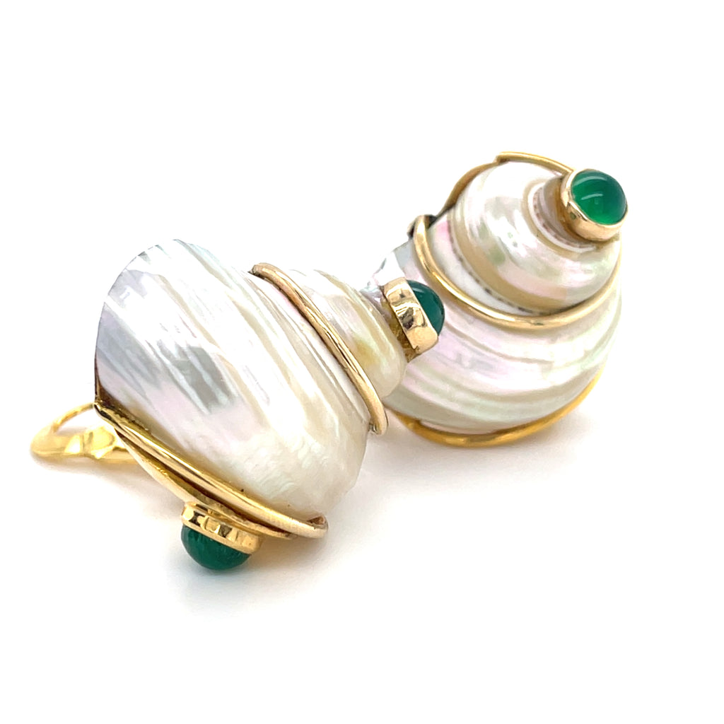 14k Yellow Gold Turbo Shell Ear Clips with Emerald and Chrysoprase Cabochons
