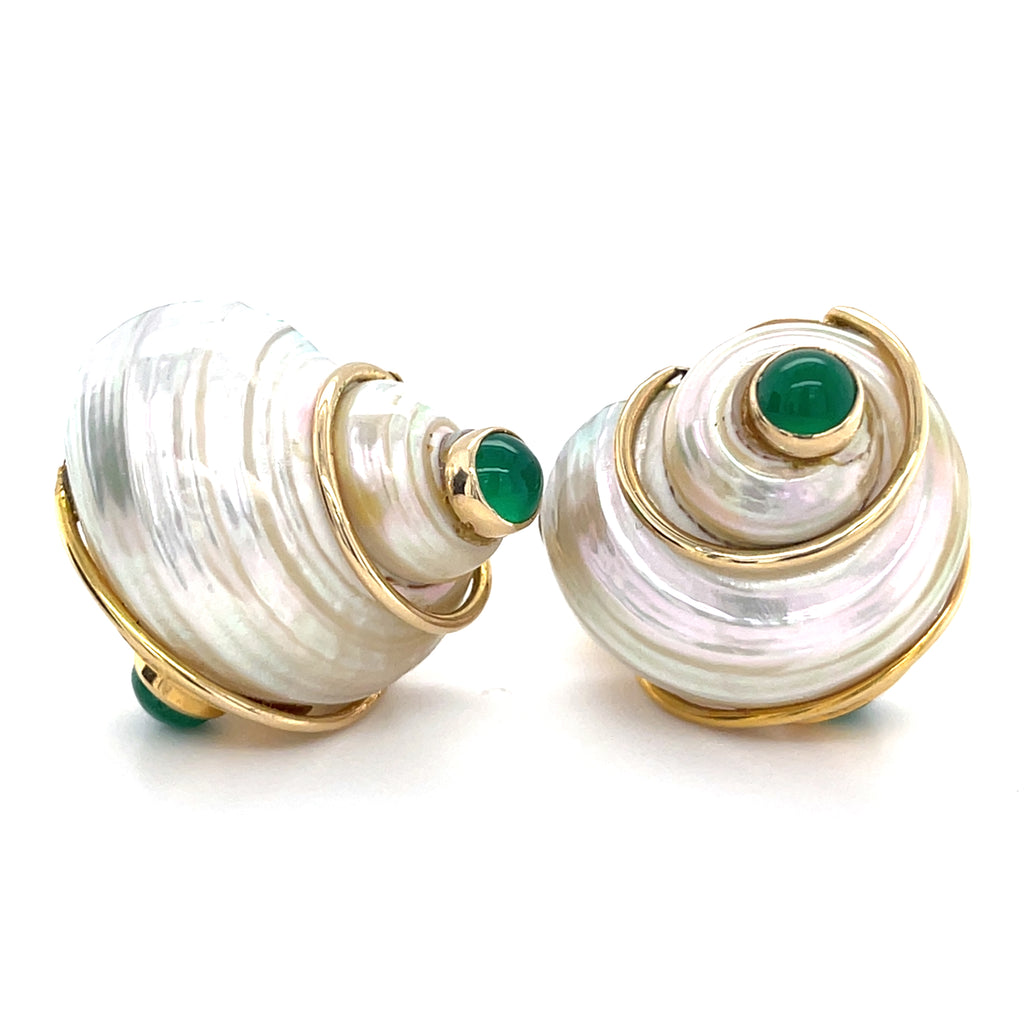 14k Yellow Gold Turbo Shell Ear Clips with Emerald and Chrysoprase Cabochons