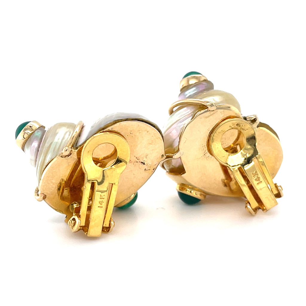 14k Yellow Gold Turbo Shell Ear Clips with Emerald and Chrysoprase Cabochons