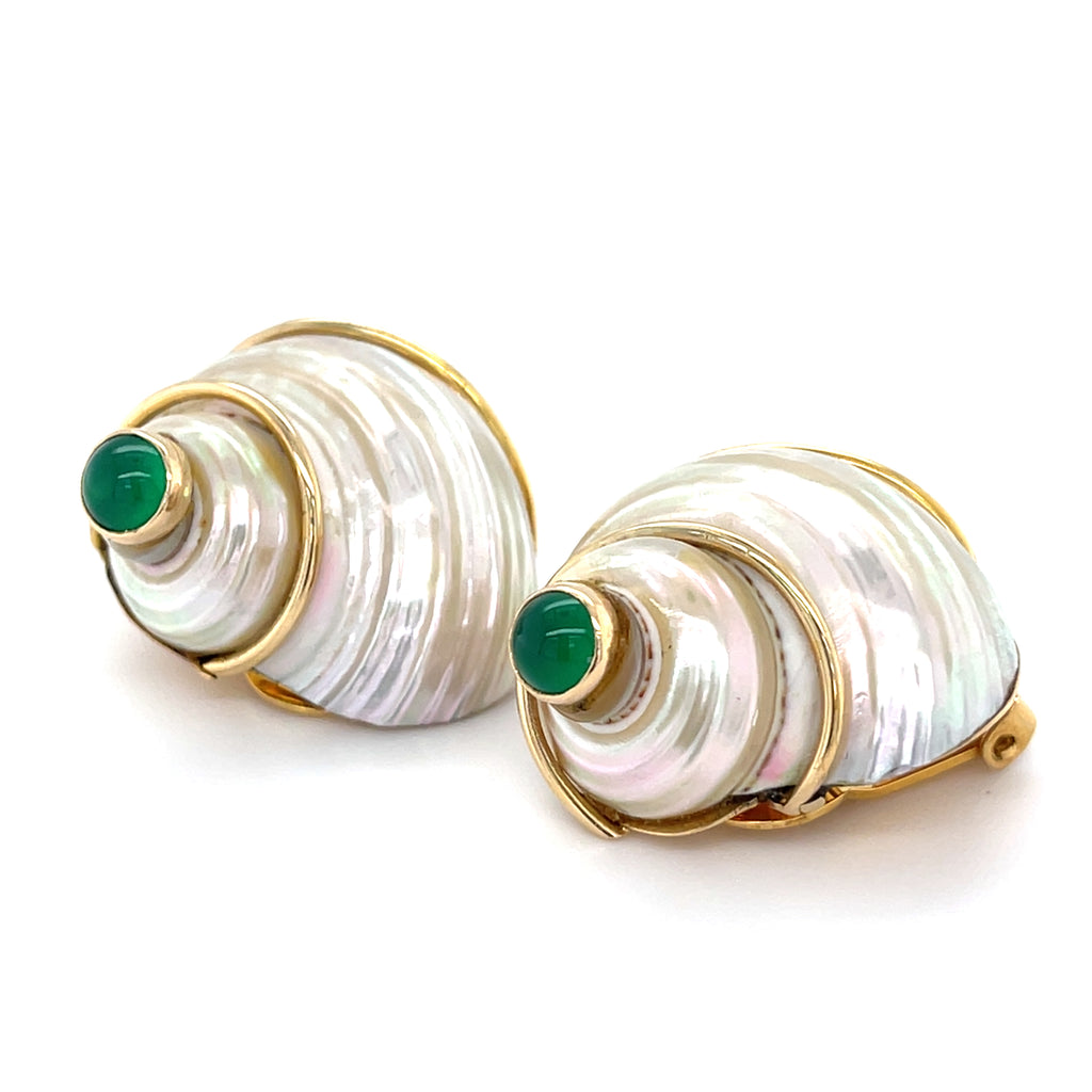 14k Yellow Gold Turbo Shell Ear Clips with Emerald and Chrysoprase Cabochons