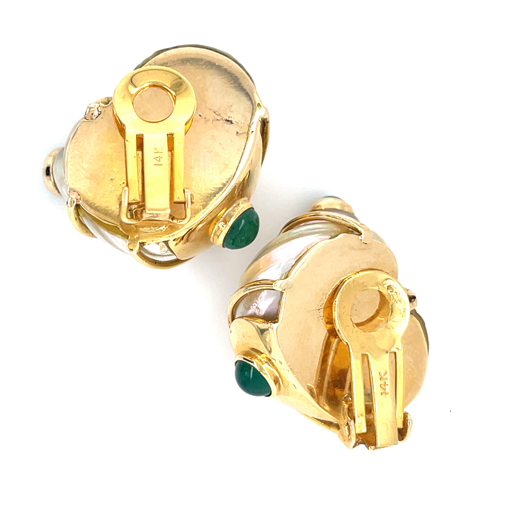 14k Yellow Gold Turbo Shell Ear Clips with Emerald and Chrysoprase Cabochons
