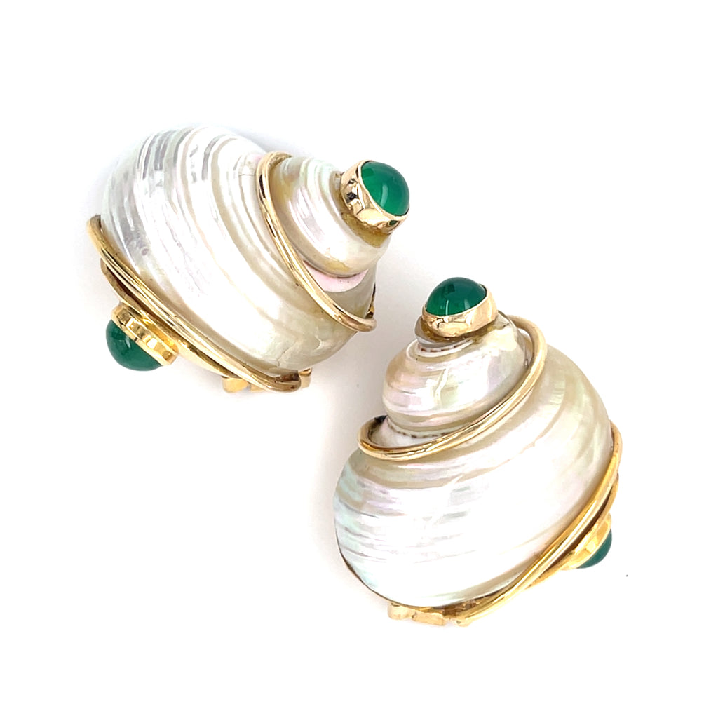 14k Yellow Gold Turbo Shell Ear Clips with Emerald and Chrysoprase Cabochons