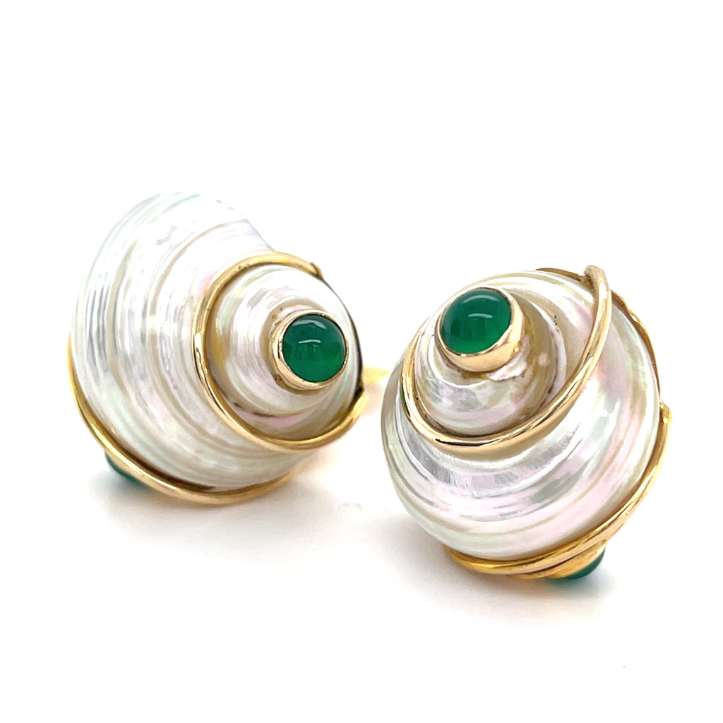 14k Yellow Gold Turbo Shell Ear Clips with Emerald and Chrysoprase Cabochons