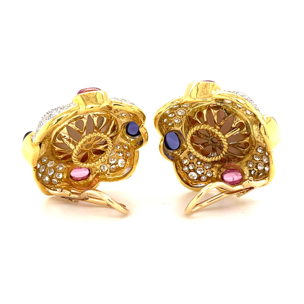 18k Yellow Gold Mabe Pearl, Diamond, Tourmaline, and Iolite Ear Clips