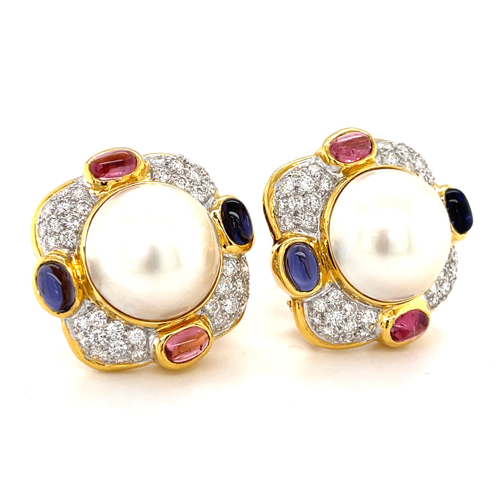 18k Yellow Gold Mabe Pearl, Diamond, Tourmaline, and Iolite Ear Clips