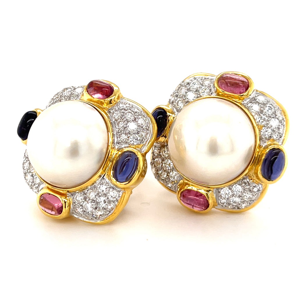 18k Yellow Gold Mabe Pearl, Diamond, Tourmaline, and Iolite Ear Clips
