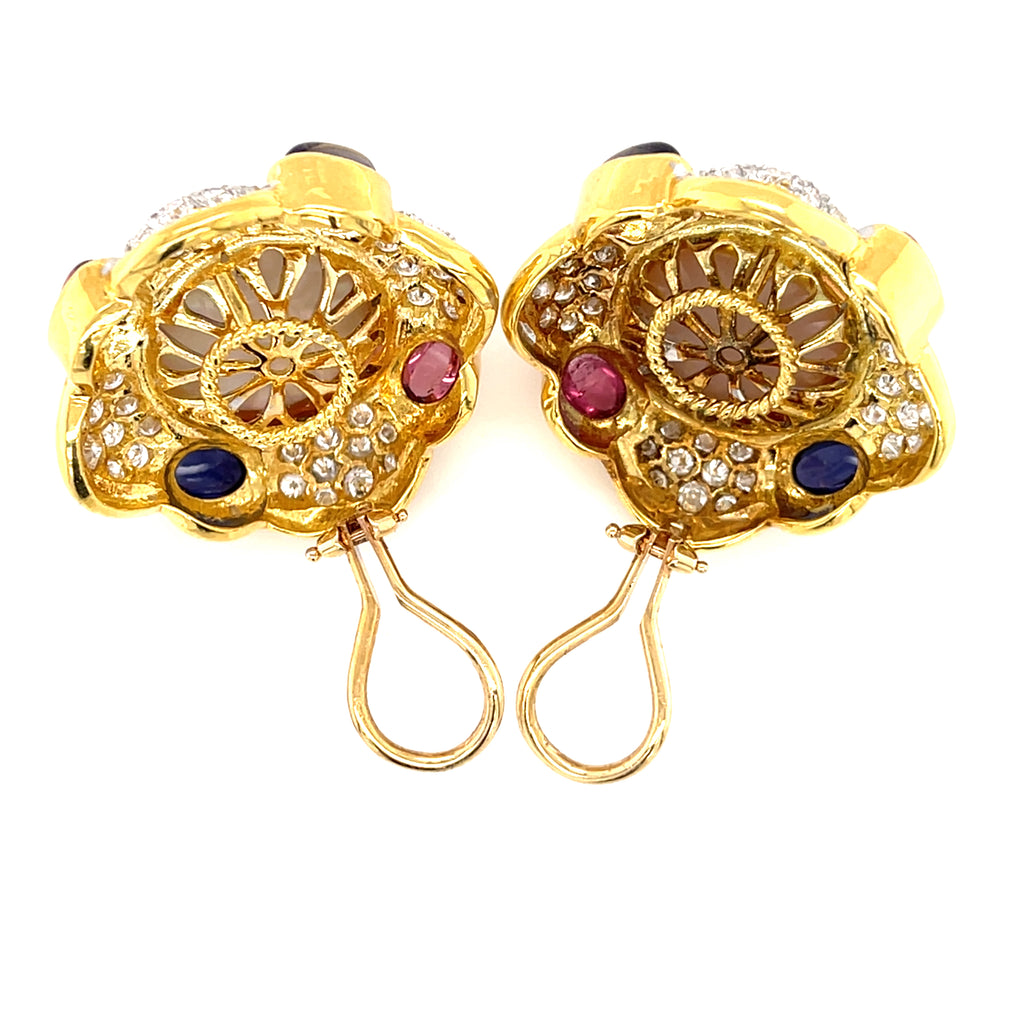 18k Yellow Gold Mabe Pearl, Diamond, Tourmaline, and Iolite Ear Clips