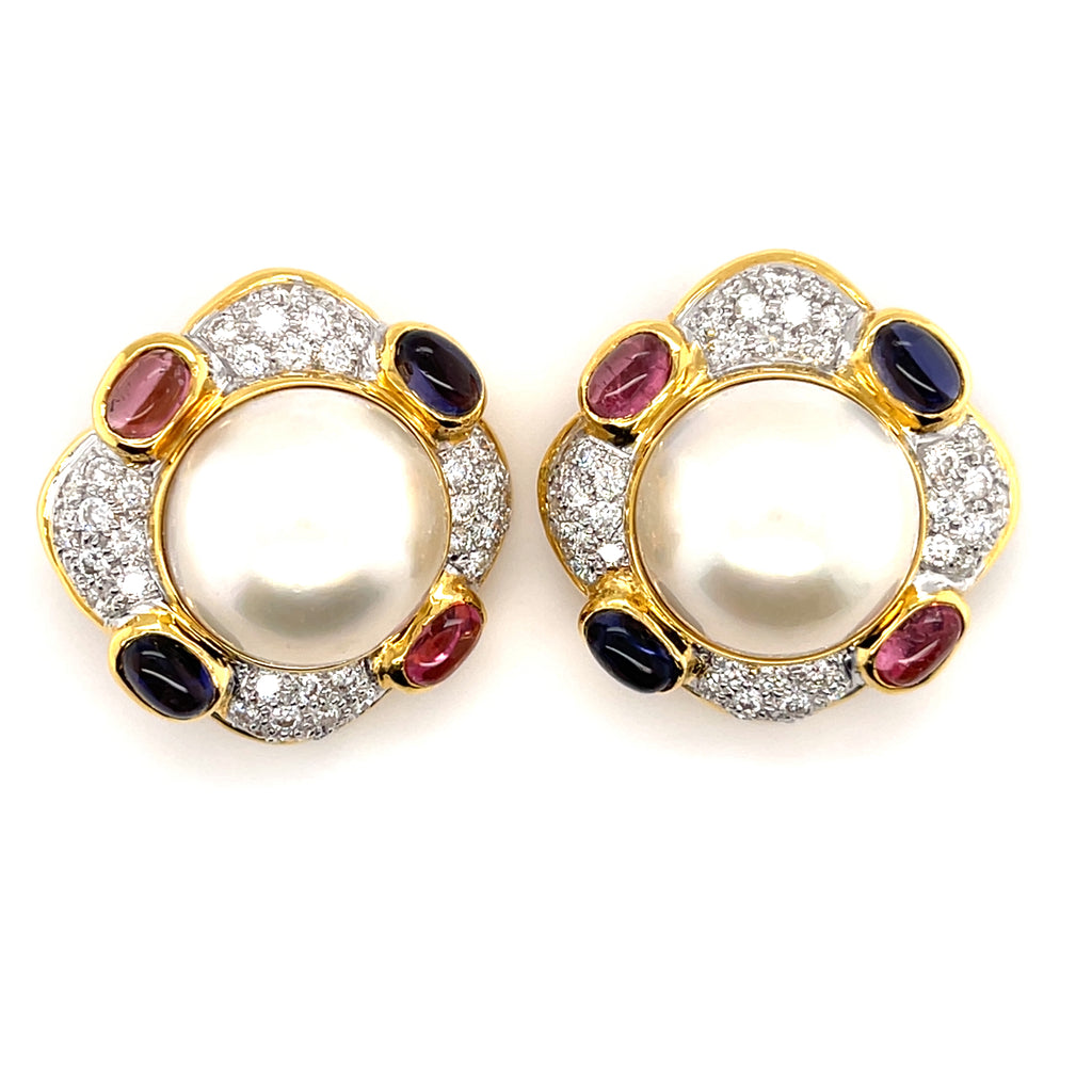 18k Yellow Gold Mabe Pearl, Diamond, Tourmaline, and Iolite Ear Clips