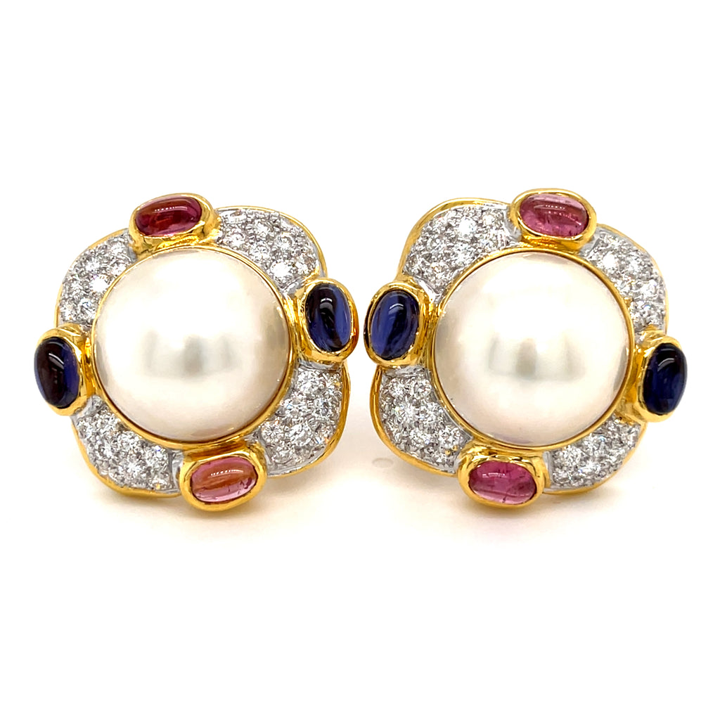 18k Yellow Gold Mabe Pearl, Diamond, Tourmaline, and Iolite Ear Clips