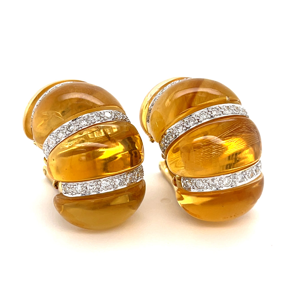18k Two-Tone Gold 1.15 ct Diamond and Citrine Cabochon Shrimp Ear Clips