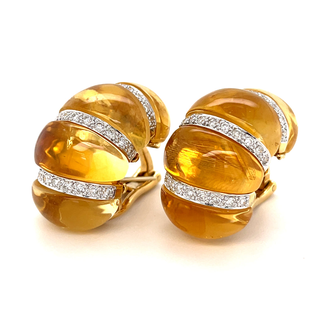 18k Two-Tone Gold 1.15 ct Diamond and Citrine Cabochon Shrimp Ear Clips
